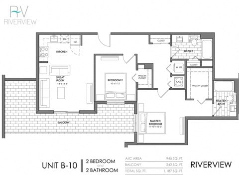Floor plan for 2 beds, 2 baths, 945 sqft